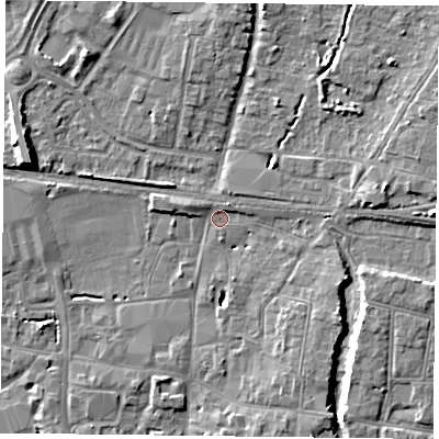 Shaded relief map of the ground around PO91QU, computed from Environment Agency LiDAR. The ground here sits at about 9 m above sea level and falls 9 m across the surrounding 800 m. Surface water reaching this point runs off ground lying to the north-east, 1.6 m higher.