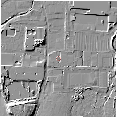 Shaded relief map of the ground around PO91QY, computed from Environment Agency LiDAR. The ground here sits at about 4 m above sea level and falls 14 m across the surrounding 800 m. Surface water reaching this point runs off ground lying to the east-south-east, 1.2 m higher.
