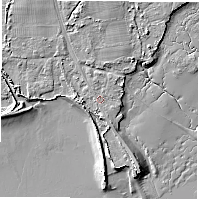 Shaded relief map of the ground around PO91RD, computed from Environment Agency LiDAR. The ground here sits at about 3 m above sea level and falls 7 m across the surrounding 800 m. Surface water reaching this point runs off ground lying to the west-south-west, 3.0 m higher.