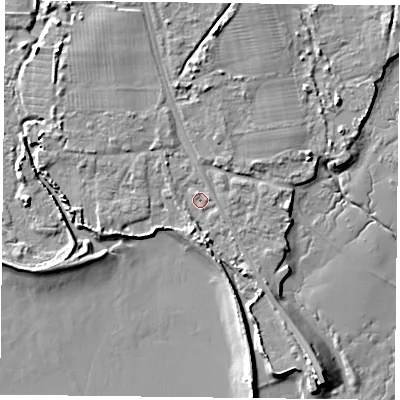 Shaded relief map of the ground around PO91RF, computed from Environment Agency LiDAR. The ground here sits at about 3 m above sea level and falls 8 m across the surrounding 800 m. Surface water reaching this point runs off ground lying to the north, 4.3 m higher.