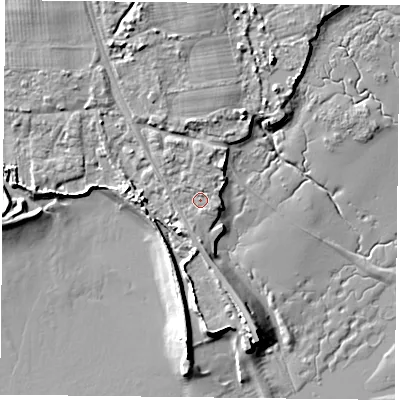 Shaded relief map of the ground around PO91RG, computed from Environment Agency LiDAR. The ground here sits at about 3 m above sea level and falls 7 m across the surrounding 800 m. Surface water reaching this point runs off ground lying to the south-south-west, 0.9 m higher.