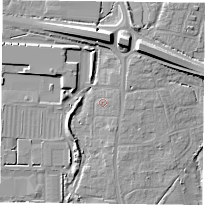Shaded relief map of the ground around PO91RS, computed from Environment Agency LiDAR. The ground here sits at about 6 m above sea level and falls 13 m across the surrounding 800 m. Surface water reaching this point runs off ground lying to the east-north-east, 1.5 m higher.