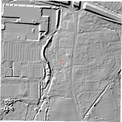 Shaded relief map of the ground around PO91RT, computed from Environment Agency LiDAR. The ground here sits at about 5 m above sea level and falls 14 m across the surrounding 800 m. Surface water reaching this point runs off ground lying to the east-north-east, 2.2 m higher.