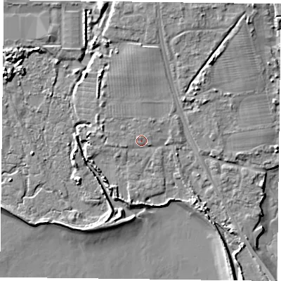 Shaded relief map of the ground around PO91RX, computed from Environment Agency LiDAR. The ground here sits at about 4 m above sea level and falls 8 m across the surrounding 800 m. Surface water reaching this point runs off ground lying to the north-north-west, 2.7 m higher.