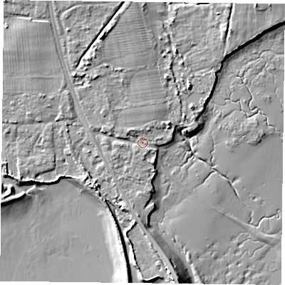 Shaded relief map of the ground around PO91RY, computed from Environment Agency LiDAR. The ground here sits at about 3 m above sea level and falls 8 m across the surrounding 800 m. Surface water reaching this point runs off ground lying to the north-west, 1.5 m higher.