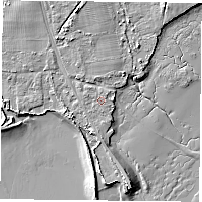 Shaded relief map of the ground around PO91RZ, computed from Environment Agency LiDAR. The ground here sits at about 3 m above sea level and falls 8 m across the surrounding 800 m. Surface water reaching this point runs off ground lying to the north-west, 3.4 m higher.