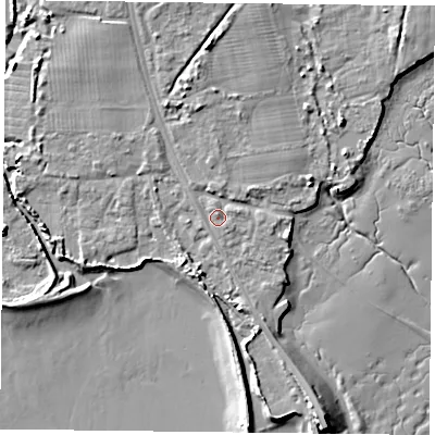 Shaded relief map of the ground around PO91SB, computed from Environment Agency LiDAR. The ground here sits at about 3 m above sea level and falls 8 m across the surrounding 800 m. Surface water reaching this point runs off ground lying to the north-north-west, 0.7 m higher.