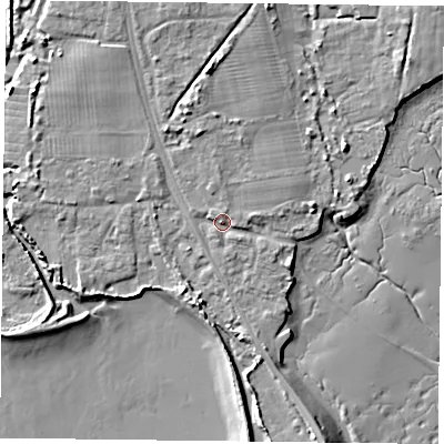 Shaded relief map of the ground around PO91SL, computed from Environment Agency LiDAR. The ground here sits at about 4 m above sea level and falls 8 m across the surrounding 800 m. Surface water reaching this point runs off ground lying to the north-north-east, 1.3 m higher.
