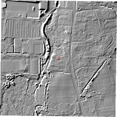 Shaded relief map of the ground around PO91SS, computed from Environment Agency LiDAR. The ground here sits at about 6 m above sea level and falls 10 m across the surrounding 800 m. Surface water reaching this point runs off ground lying to the north-east, 0.9 m higher.