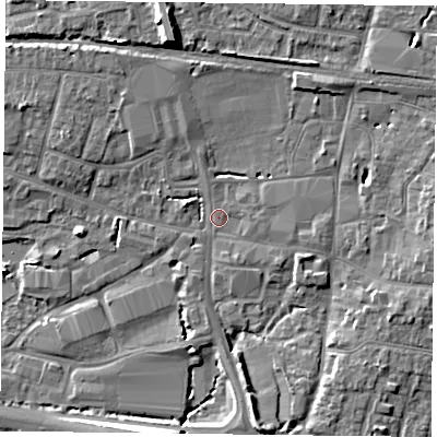 Shaded relief map of the ground around PO91TB, computed from Environment Agency LiDAR. The ground here sits at about 8 m above sea level and falls 10 m across the surrounding 800 m. Surface water reaching this point runs off ground lying to the east, 4.7 m higher.