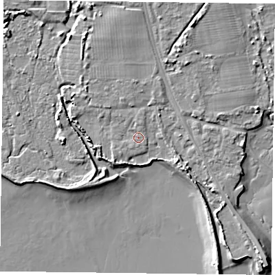 Shaded relief map of the ground around PO91TJ, computed from Environment Agency LiDAR. The ground here sits at about 3 m above sea level and falls 8 m across the surrounding 800 m. Surface water reaching this point runs off ground lying to the south-south-west, 0.7 m higher.