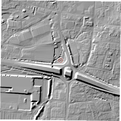 Shaded relief map of the ground around PO91TR, computed from Environment Agency LiDAR. The ground here sits at about 6 m above sea level and falls 11 m across the surrounding 800 m. Surface water reaching this point runs off ground lying to the south, 10.2 m higher.