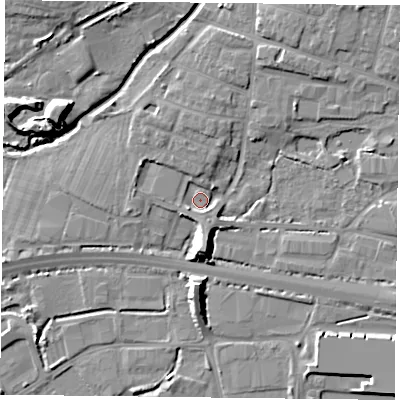 Shaded relief map of the ground around PO91UH, computed from Environment Agency LiDAR. The ground here sits at about 6 m above sea level and falls 11 m across the surrounding 800 m. Surface water reaching this point runs off ground lying to the south, 6.6 m higher.
