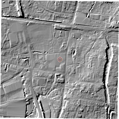Shaded relief map of the ground around PO91UL, computed from Environment Agency LiDAR. The ground here sits at about 9 m above sea level and falls 10 m across the surrounding 800 m. Surface water reaching this point runs off ground lying to the south-south-east, 0.6 m higher.