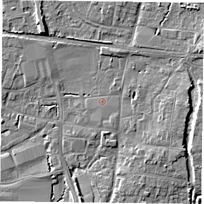 Shaded relief map of the ground around PO91UN, computed from Environment Agency LiDAR. The ground here sits at about 9 m above sea level and falls 10 m across the surrounding 800 m. Surface water reaching this point runs off ground lying to the east, 5.9 m higher.