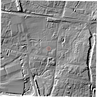 Shaded relief map of the ground around PO91UW, computed from Environment Agency LiDAR. The ground here sits at about 9 m above sea level and falls 10 m across the surrounding 800 m. The ground contributing surface water to this point lies to the south-south-west.