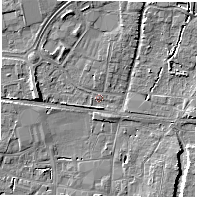 Shaded relief map of the ground around PO92AA, computed from Environment Agency LiDAR. The ground here sits at about 10 m above sea level and falls 9 m across the surrounding 800 m. Surface water reaching this point runs off ground lying to the north-north-west, 4.9 m higher.
