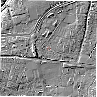 Shaded relief map of the ground around PO92AB, computed from Environment Agency LiDAR. The ground here sits at about 11 m above sea level and falls 10 m across the surrounding 800 m. Surface water reaching this point runs off ground lying to the north-west, 2.3 m higher.