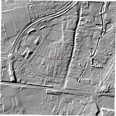 Shaded relief map of the ground around PO92AD, computed from Environment Agency LiDAR. The ground here sits at about 11 m above sea level and falls 7 m across the surrounding 800 m. Surface water reaching this point runs off ground lying to the north, 1.0 m higher.