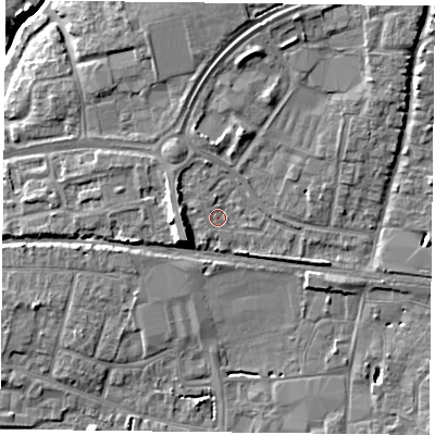 Shaded relief map of the ground around PO92AE, computed from Environment Agency LiDAR. The ground here sits at about 10 m above sea level and falls 10 m across the surrounding 800 m. Surface water reaching this point runs off ground lying to the north-west, 0.7 m higher.