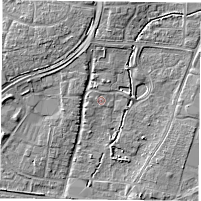Shaded relief map of the ground around PO92AW, computed from Environment Agency LiDAR. The ground here sits at about 12 m above sea level and falls 7 m across the surrounding 800 m. Surface water reaching this point runs off ground lying to the north-north-west, 1.1 m higher.