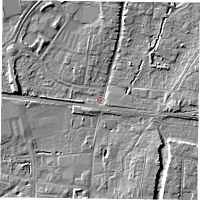 Shaded relief map of the ground around PO92ES, computed from Environment Agency LiDAR. The ground here sits at about 10 m above sea level and falls 9 m across the surrounding 800 m. Surface water reaching this point runs off ground lying to the north-north-west, 5.0 m higher.