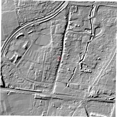Shaded relief map of the ground around PO92ET, computed from Environment Agency LiDAR. The ground here sits at about 12 m above sea level and falls 7 m across the surrounding 800 m. Surface water reaching this point runs off ground lying to the north, 4.6 m higher.