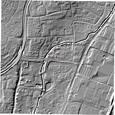 Shaded relief map of the ground around PO92EZ, computed from Environment Agency LiDAR. The ground here sits at about 13 m above sea level and falls 9 m across the surrounding 800 m. Surface water reaching this point runs off ground lying to the north, 7.2 m higher.