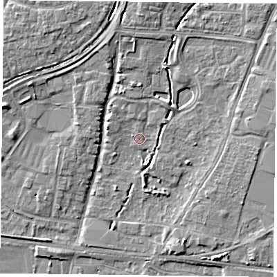 Shaded relief map of the ground around PO92FS, computed from Environment Agency LiDAR. The ground here sits at about 11 m above sea level and falls 7 m across the surrounding 800 m. Surface water reaching this point runs off ground lying to the north, 2.5 m higher.