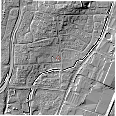Shaded relief map of the ground around PO92HB, computed from Environment Agency LiDAR. The ground here sits at about 14 m above sea level and falls 11 m across the surrounding 800 m. Surface water reaching this point runs off ground lying to the north, 6.1 m higher.