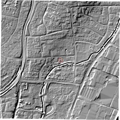 Shaded relief map of the ground around PO92HE, computed from Environment Agency LiDAR. The ground here sits at about 14 m above sea level and falls 10 m across the surrounding 800 m. Surface water reaching this point runs off ground lying to the north-north-east, 7.0 m higher.