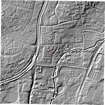 Shaded relief map of the ground around PO92HG, computed from Environment Agency LiDAR. The ground here sits at about 15 m above sea level and falls 9 m across the surrounding 800 m. Surface water reaching this point runs off ground lying to the north, 2.7 m higher.