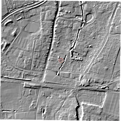 Shaded relief map of the ground around PO92JB, computed from Environment Agency LiDAR. The ground here sits at about 11 m above sea level and falls 8 m across the surrounding 800 m. Surface water reaching this point runs off ground lying to the north-west, 1.7 m higher.