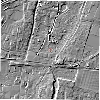 Shaded relief map of the ground around PO92JE, computed from Environment Agency LiDAR. The ground here sits at about 11 m above sea level and falls 8 m across the surrounding 800 m. Surface water reaching this point runs off ground lying to the east-north-east, 4.3 m higher.