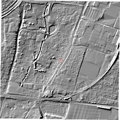 Shaded relief map of the ground around PO92JJ, computed from Environment Agency LiDAR. The ground here sits at about 12 m above sea level and falls 10 m across the surrounding 800 m. Surface water reaching this point runs off ground lying to the east, 1.0 m higher.