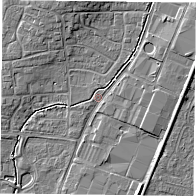 Shaded relief map of the ground around PO92JN, computed from Environment Agency LiDAR. The ground here sits at about 15 m above sea level and falls 10 m across the surrounding 800 m. Surface water reaching this point runs off ground lying to the east-north-east, 5.8 m higher.