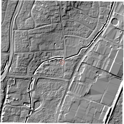 Shaded relief map of the ground around PO92JP, computed from Environment Agency LiDAR. The ground here sits at about 14 m above sea level and falls 9 m across the surrounding 800 m. Surface water reaching this point runs off ground lying to the east-north-east, 1.2 m higher.