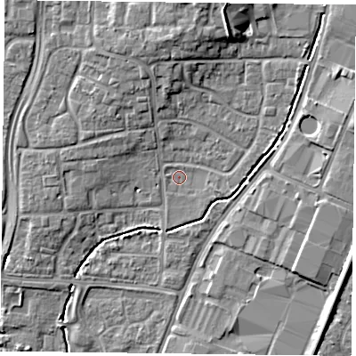 Shaded relief map of the ground around PO92JX, computed from Environment Agency LiDAR. The ground here sits at about 14 m above sea level and falls 11 m across the surrounding 800 m. Surface water reaching this point runs off ground lying to the north-north-east, 7.8 m higher.