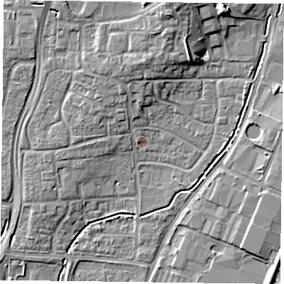 Shaded relief map of the ground around PO92JY, computed from Environment Agency LiDAR. The ground here sits at about 15 m above sea level and falls 14 m across the surrounding 800 m. Surface water reaching this point runs off ground lying to the north, 4.4 m higher.