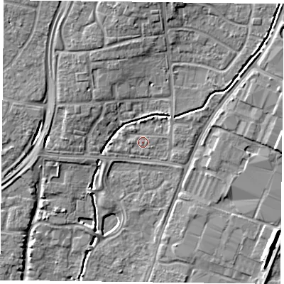 Shaded relief map of the ground around PO92LB, computed from Environment Agency LiDAR. The ground here sits at about 13 m above sea level and falls 9 m across the surrounding 800 m. Surface water reaching this point runs off ground lying to the north-north-west, 1.0 m higher.
