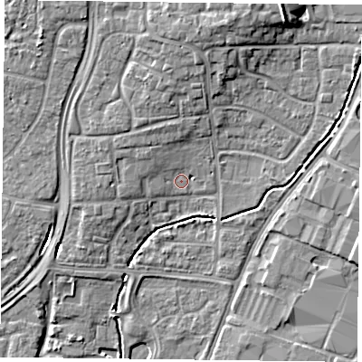Shaded relief map of the ground around PO92LD, computed from Environment Agency LiDAR. The ground here sits at about 14 m above sea level and falls 11 m across the surrounding 800 m. Surface water reaching this point runs off ground lying to the north, 3.6 m higher.