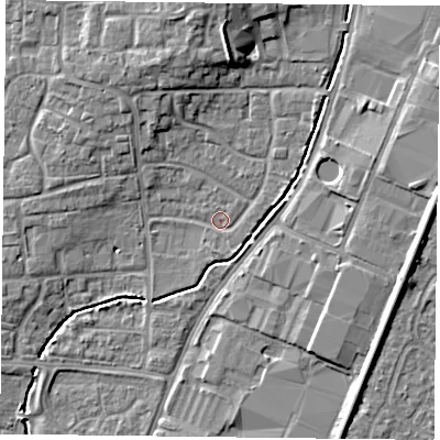 Shaded relief map of the ground around PO92LE, computed from Environment Agency LiDAR. The ground here sits at about 15 m above sea level and falls 11 m across the surrounding 800 m. Surface water reaching this point runs off ground lying to the north, 7.6 m higher.