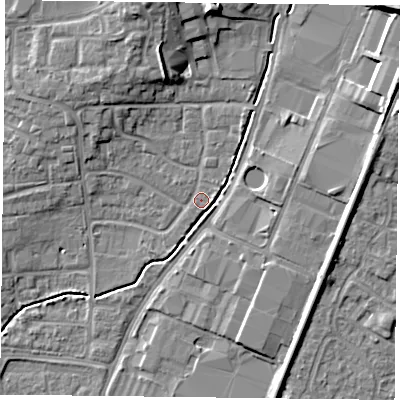 Shaded relief map of the ground around PO92LF, computed from Environment Agency LiDAR. The ground here sits at about 15 m above sea level and falls 14 m across the surrounding 800 m. Surface water reaching this point runs off ground lying to the north, 9.1 m higher.