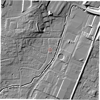 Shaded relief map of the ground around PO92LG, computed from Environment Agency LiDAR. The ground here sits at about 16 m above sea level and falls 15 m across the surrounding 800 m. Surface water reaching this point runs off ground lying to the north-north-west, 11.5 m higher.