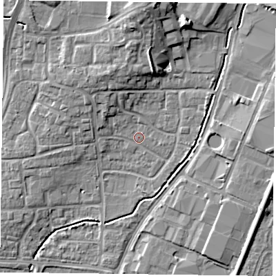Shaded relief map of the ground around PO92LH, computed from Environment Agency LiDAR. The ground here sits at about 16 m above sea level and falls 13 m across the surrounding 800 m. Surface water reaching this point runs off ground lying to the north-north-west, 5.2 m higher.
