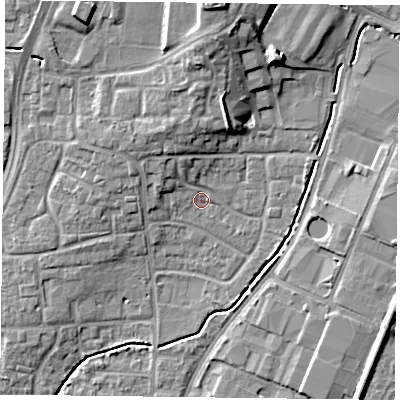 Shaded relief map of the ground around PO92LJ, computed from Environment Agency LiDAR. The ground here sits at about 16 m above sea level and falls 15 m across the surrounding 800 m. Surface water reaching this point runs off ground lying to the north-west, 3.2 m higher.