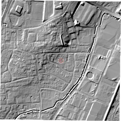 Shaded relief map of the ground around PO92LL, computed from Environment Agency LiDAR. The ground here sits at about 16 m above sea level and falls 15 m across the surrounding 800 m. Surface water reaching this point runs off ground lying to the west-north-west, 2.8 m higher.