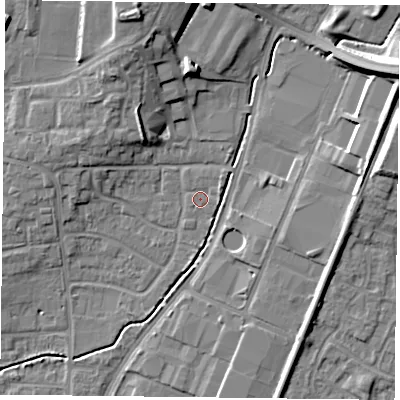 Shaded relief map of the ground around PO92LN, computed from Environment Agency LiDAR. The ground here sits at about 16 m above sea level and falls 17 m across the surrounding 800 m. Surface water reaching this point runs off ground lying to the east-north-east, 1.3 m higher.