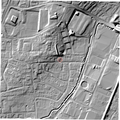 Shaded relief map of the ground around PO92LP, computed from Environment Agency LiDAR. The ground here sits at about 17 m above sea level and falls 15 m across the surrounding 800 m. Surface water reaching this point runs off ground lying to the north, 8.8 m higher.