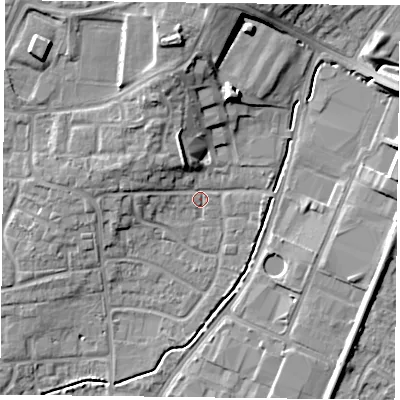 Shaded relief map of the ground around PO92LR, computed from Environment Agency LiDAR. The ground here sits at about 16 m above sea level and falls 15 m across the surrounding 800 m. Surface water reaching this point runs off ground lying to the north-north-west, 8.9 m higher.